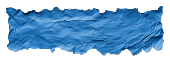 Crumpled blue paper with torn edges on transparent background. Art texture concept