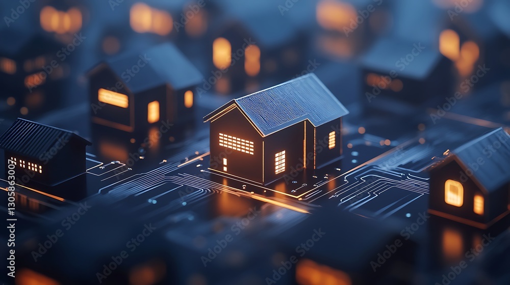 Poster a visual representation of blockchain technology applied to real estate transactions.