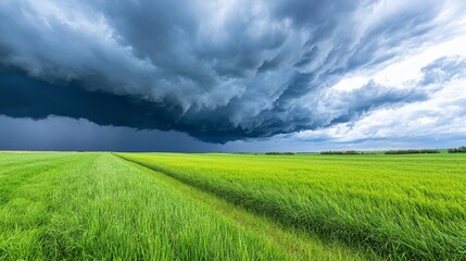 Obraz premium Dramatic Thunderstorm Cloud Formation Over Lush Green Field
