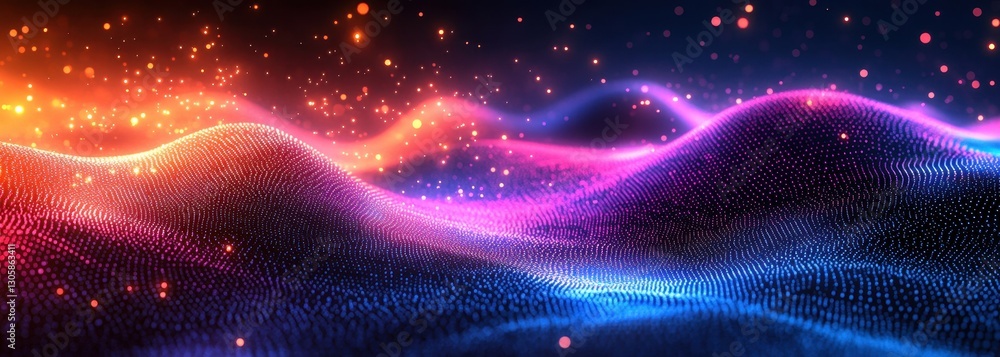 Poster vibrant abstract landscape with colorful light waves and particle effects in a futuristic digital en