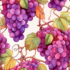 Watercolor grape pattern with vibrant purple clusters and green leaves on white background. Seamless fruit design for textile, wallpaper, and packaging. Fresh summer harvest concept.