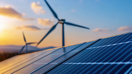 Innovative renewable energy scene with solar panel and wind turbines against a clear blue sky