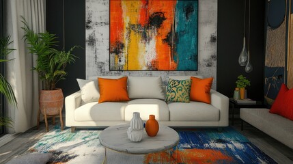 Artistic living room with bold, abstract wall art, vibrant throw pillows, and a mix of textured fabrics for creative expression
