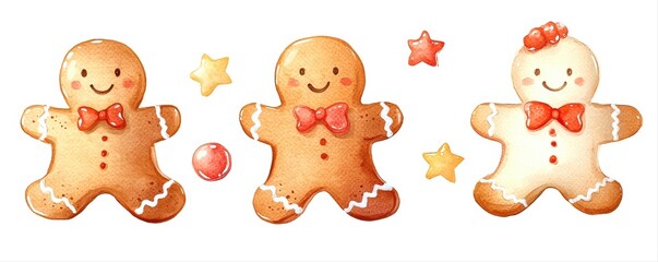 Obraz premium Three cheerful gingerbread cookies with decorative elements on a white background.