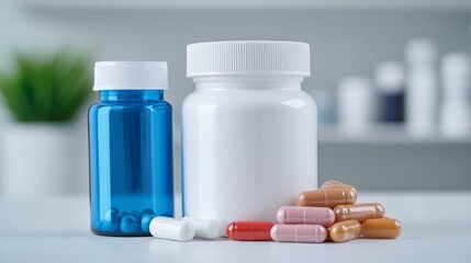 Various Pharmaceutical Containers and Capsules on a Shelf Surface