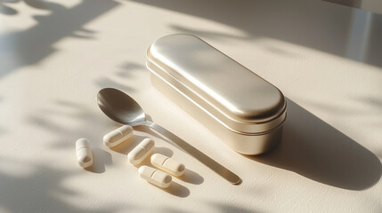 Sleek pill box with tablets and spoon, perfect for medication organization