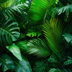 Lush tropical plants with vibrant green leaves and exotic textures in a sunny natural environment