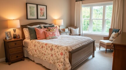 Fototapeta premium Balanced bedroom layout with a queen-sized bed, dual nightstands, and a dedicated area for a reading nook or small desk