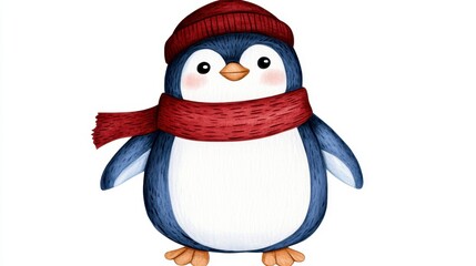 Naklejka premium Cute Cartoon Penguin in Winter Hat and Red Scarf on White Background