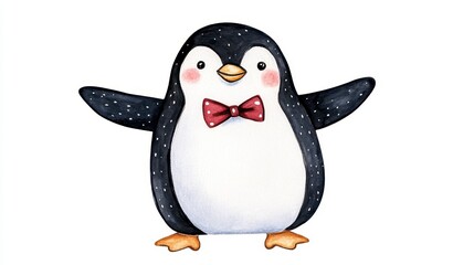 Obraz premium Cheerful Cartoon Penguin in a Bow Tie with Outstretched Arms