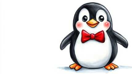 Fototapeta premium Cute Cartoon Penguin Character with Red Bow Tie and Cheerful Expression