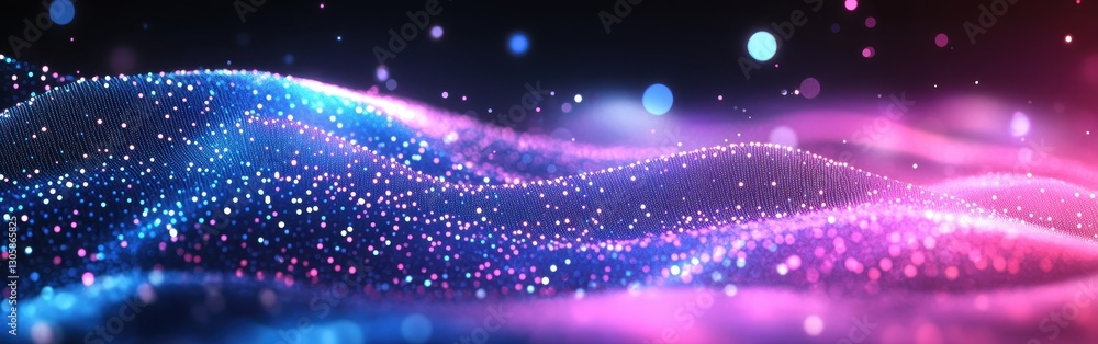 Poster vibrant abstract wave of colorful particles in digital space with depth and light reflections for in