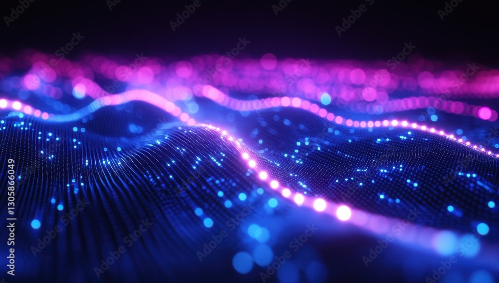 Poster vibrant abstract wave texture of neon lights in pink and blue colors illuminating the dark space wit