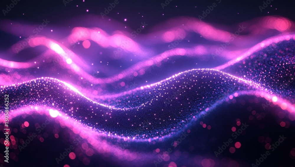 Poster vibrant abstract waves in purple and pink hues with sparkling particles creating a dreamlike and eth