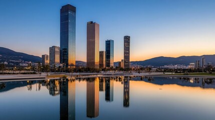 Naklejka premium City skyline with modern skyscrapers reflecting in water at sunset in urban landscape