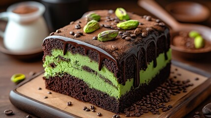 Rich chocolate cake layered with creamy pistachio filling, drizzled with dark chocolate ganache and topped with whole pistachios. A perfect dessert for chocolate lovers