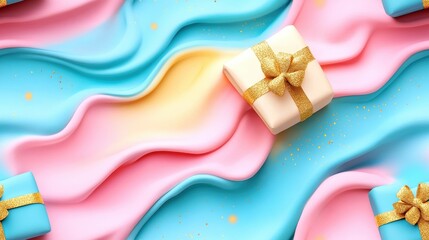 Colorful dessert concept with pastel waves and gift boxes on pink and blue background.