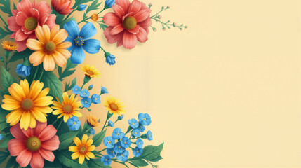 Obraz premium Colorful flower arrangement with bright flowers on a light yellow background with space for text 