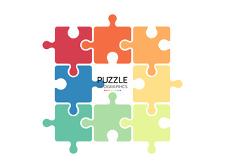 Puzzle infographics. 8 pieces jigsaw outline grid. Thinking game with separate shapes. Simple mosaic layout. Modern puzzle background. Laser cut frame. Vector illustration.
