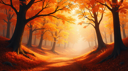 Surreal Autumn Forest with Amber Leaves