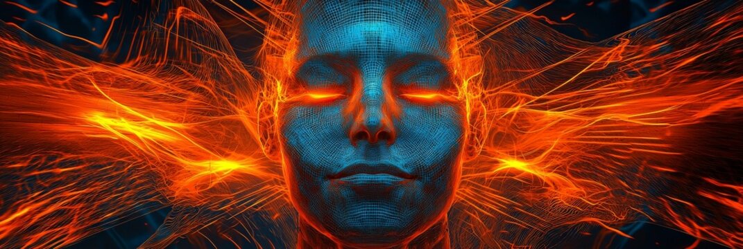 Closed eyes digital face amidst fiery streams