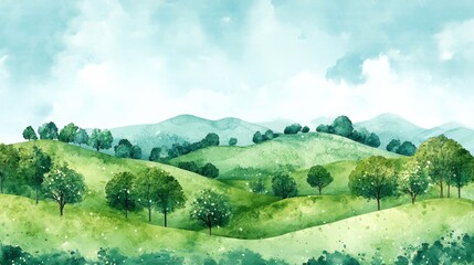 Obraz premium Scenic green hills with trees and a blue sky, peaceful nature illustration.