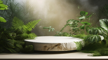 Podium background product green nature 3D forest stand white plant. Cosmetic background product podium display wood jungle studio garden beauty platform presentation mockup pedestal stone tropical
