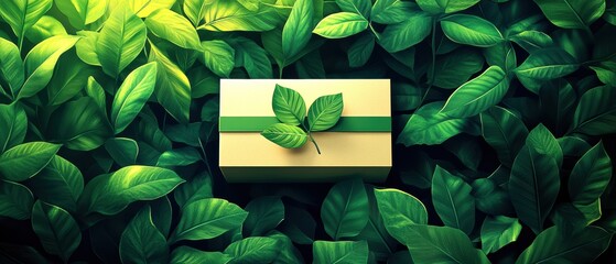 Gift box adorned with leaves, surrounded by lush green foliage.