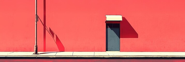 Vibrant red wall with a contrasting door and shadow on a sunny day.