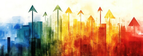 Abstract upward growth arrows in vibrant colors on a textured background.