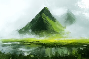 Serene landscape with misty mountains and reflective water, evoking tranquility.