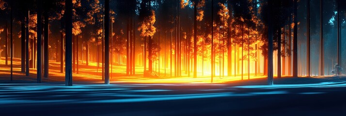 Mysterious forest with glowing trees and blue shadows at dusk.