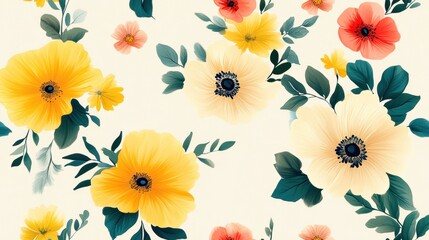 Vibrant floral pattern featuring yellow, pink, and white flowers on a light background.