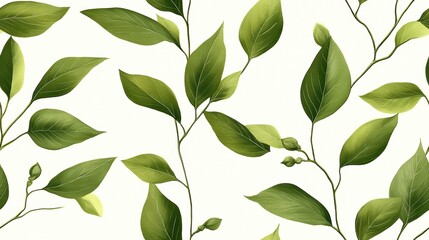 Green leaves pattern on white background with various leaf shapes and sizes.