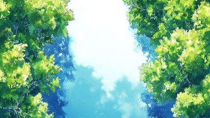 Lush green foliage framing a serene blue sky