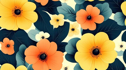 Colorful floral pattern with orange and yellow flowers and green leaves.