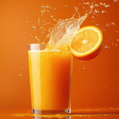 Refreshing Orange Juice in Glass with Splash on Vibrant Background