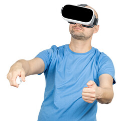 Naklejka premium Man playing videogames using virtual reality headset and controller