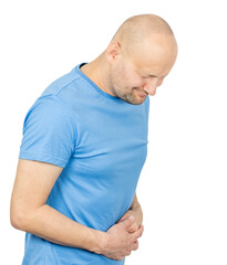 Man suffering from abdominal pain on white background