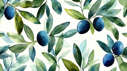 Watercolor olive branches with dark olives on a light background.