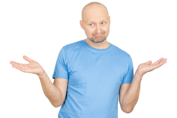 Puzzled man shrugging shoulders and showing empty hands on white background