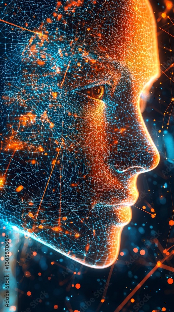 Poster neon-lit digital face with intricate web patterns art