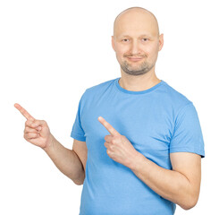 Smiling bald man pointing to sides on white background