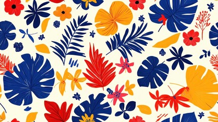 Vibrant floral patterns with colorful leaves and flowers on a light background.