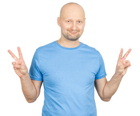 Fototapeta premium Smiling bald man showing victory sign with both hands on white background