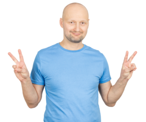 Smiling bald man showing victory sign with both hands on white background