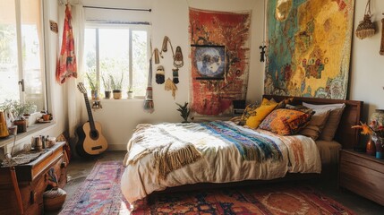 Bedroom with a mural on one wall, colorful textiles, and decorative objects that add an artistic, boho flair to the space