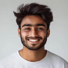 Obraz premium Confident Young Adult Male Model Smiling in Casual Wear - Portrait Photography Showcasing Joyful Expression and Cultural Diversity