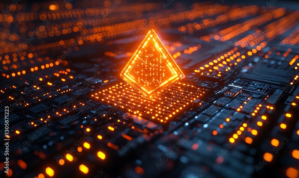 Poster A vibrant image of a crypto mining farm featuring illuminated server racks.