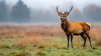 Majestic deer standing in misty meadow with fog, trees, and grassy landscape in autumn